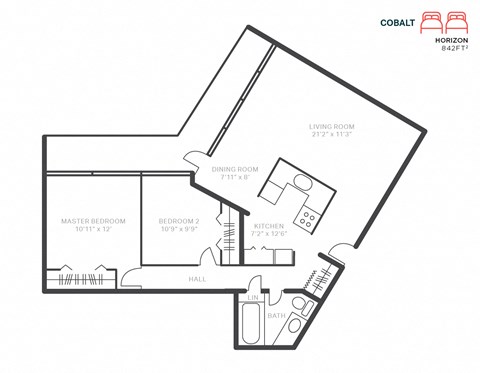 Floor plan for 2 beds, 1 bath, 842 sqft